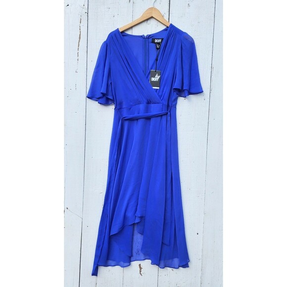 DKNY Women's Blue Zip Up Crossover Waist Tie Flutter Sleeve Wrap Midi Dress Sz 8 - Picture 1 of 9